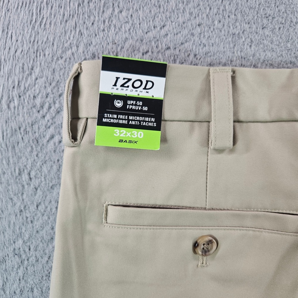 IZOD PerformX Basix Mens Pleated Dress Pants Khaki Tan 32x30 Stain Free UPF-50